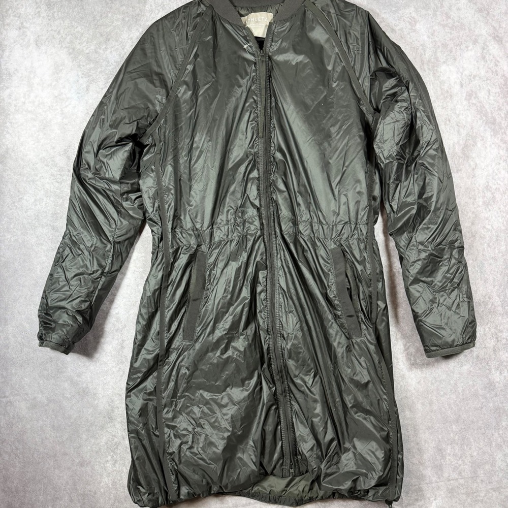 Athleta Summit Long Bomber Parka Jacket Womens S Olive Green Insulated PrimaLoft